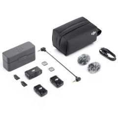 DJI Mic 2 Dual Microphone Kit with Charging Case (2Tx+1Rx+Case)- what's in the box - flat lay